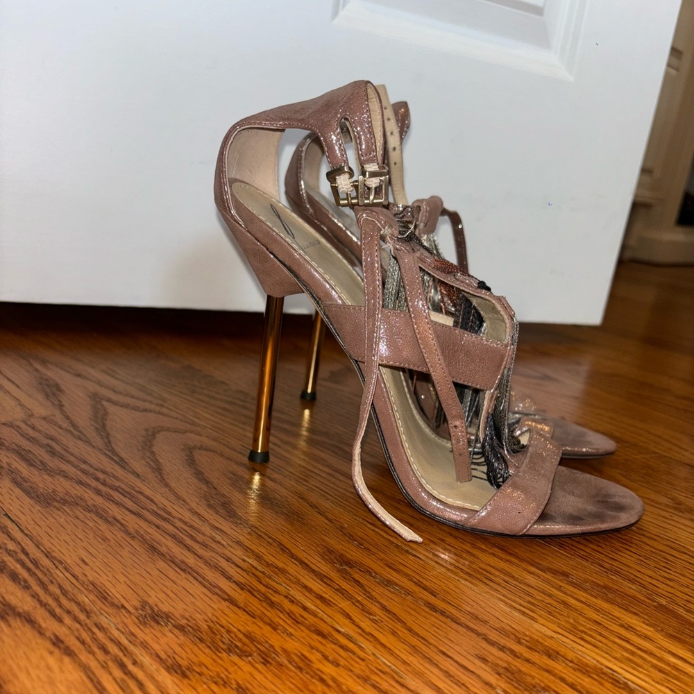 Brian Atwood Vero Cuoio rose gold iridescent heels with tassel details